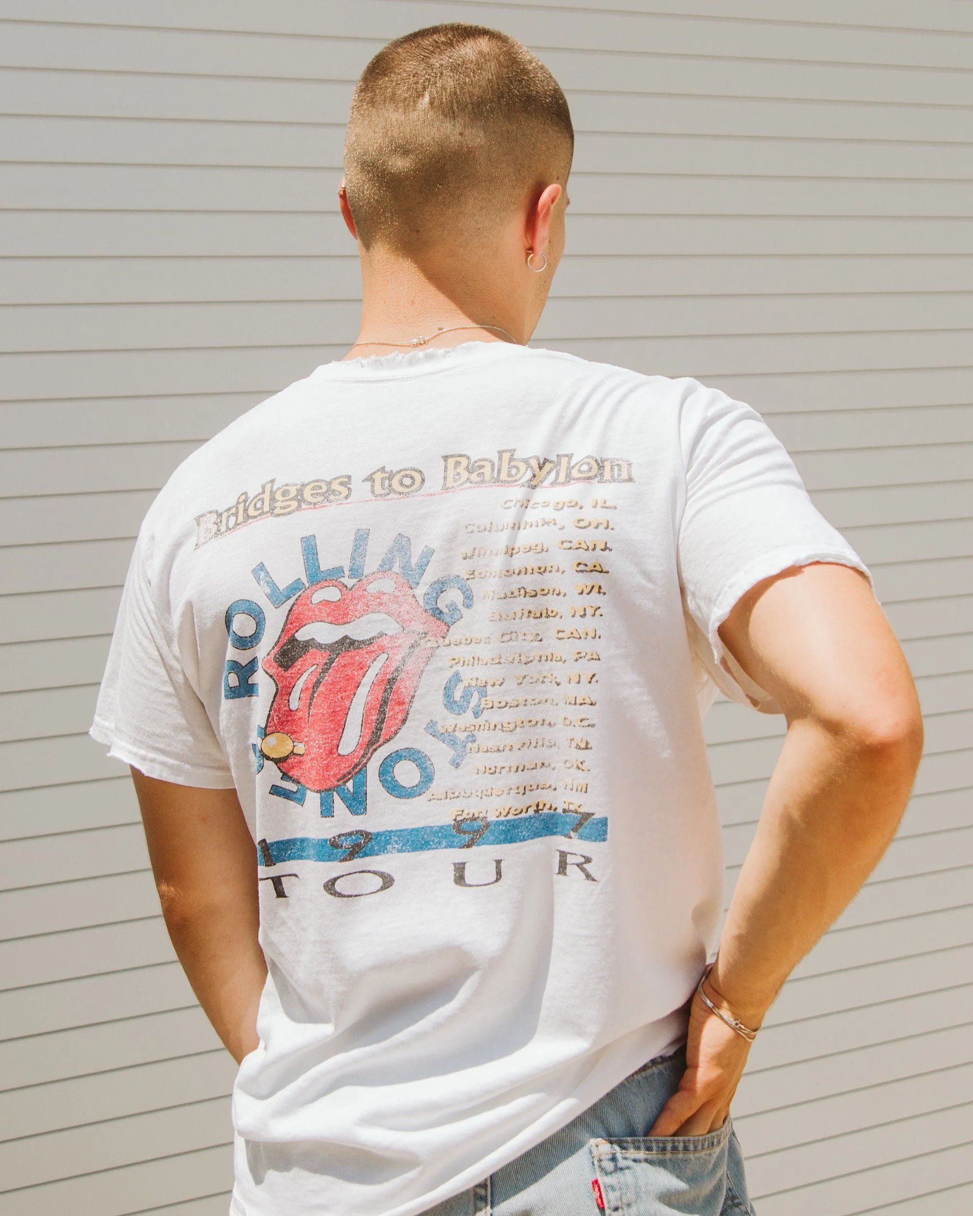 Rolling Stones Bridges to Babylon White Thrifted Distressed Tee