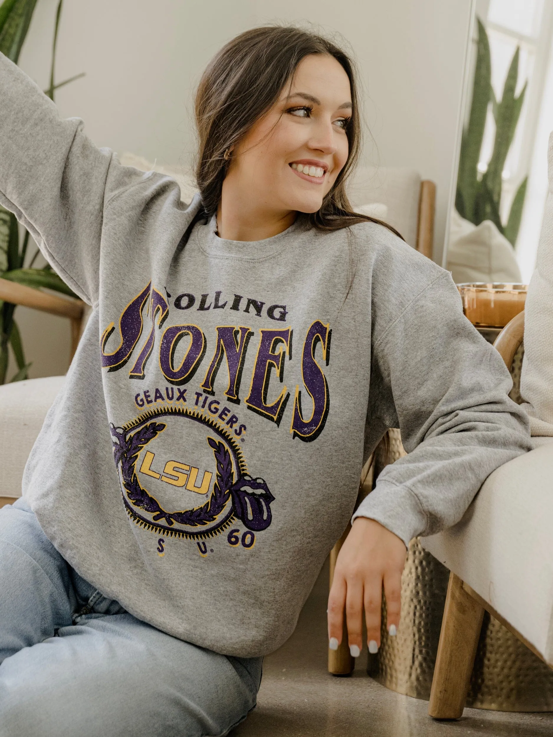 Rolling Stones LSU Tigers College Seal Gray Thrifted Sweatshirt