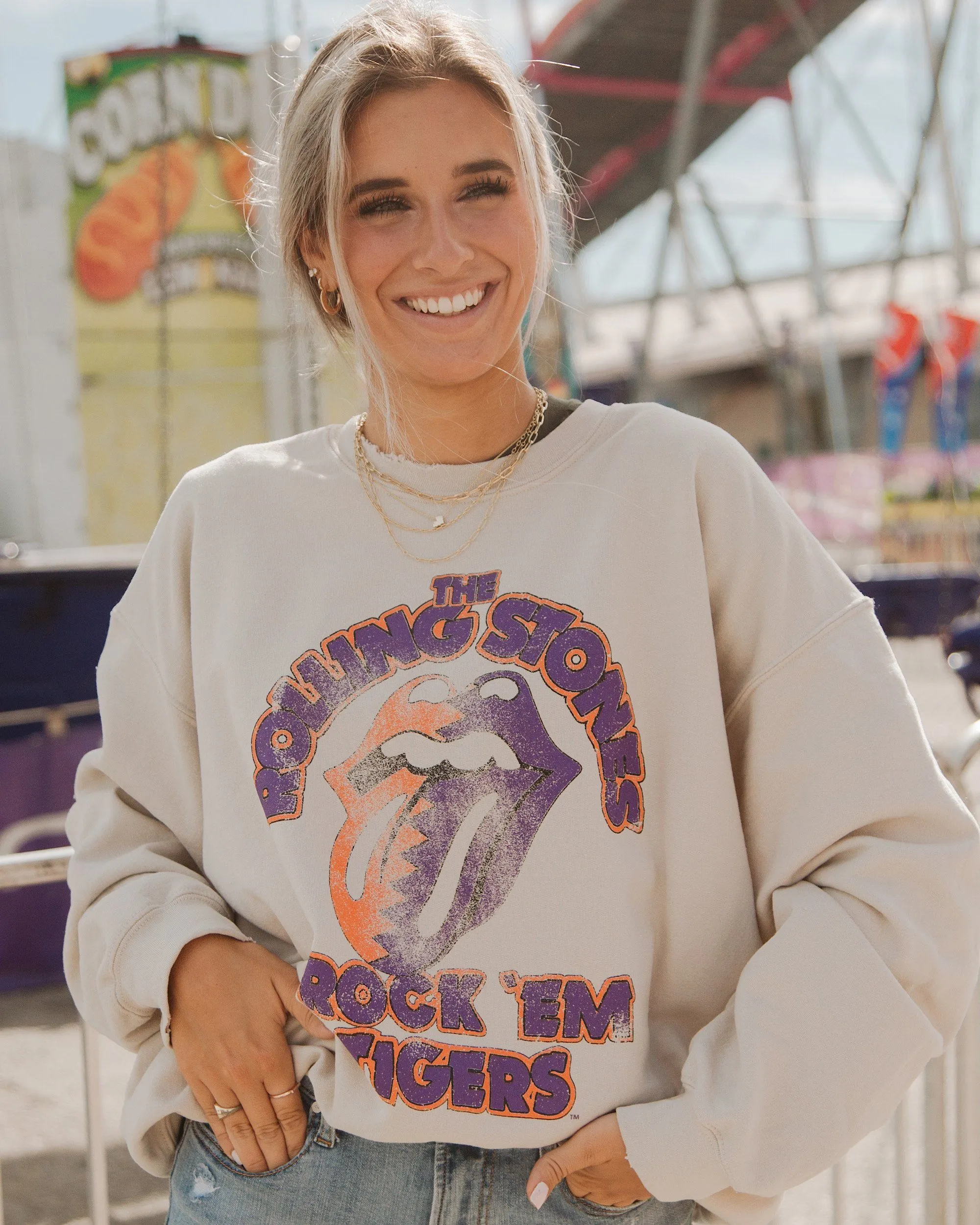 Rolling Stones Rock 'Em Clemson Tigers Sand Thrifted Sweatshirt