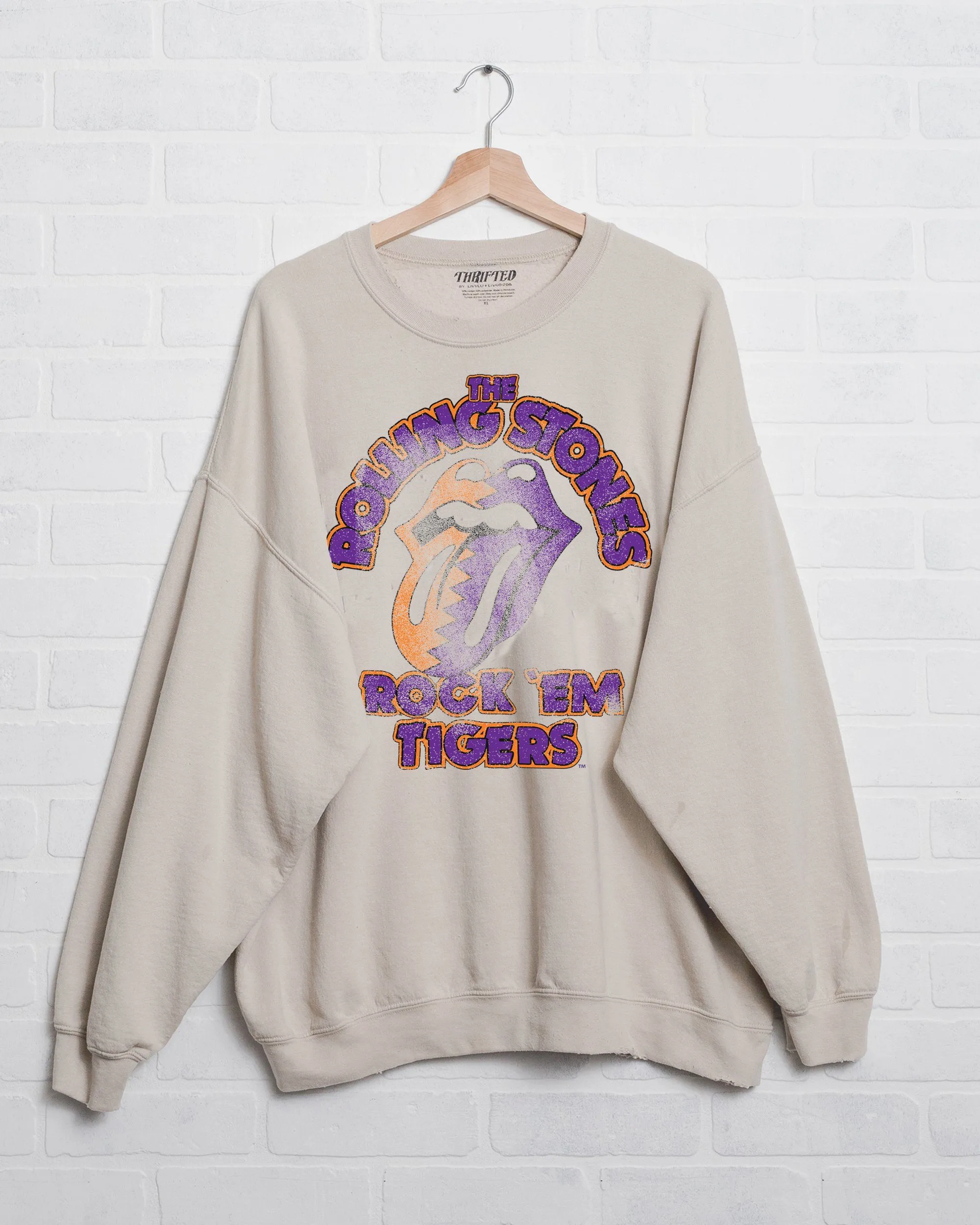Rolling Stones Rock 'Em Clemson Tigers Sand Thrifted Sweatshirt