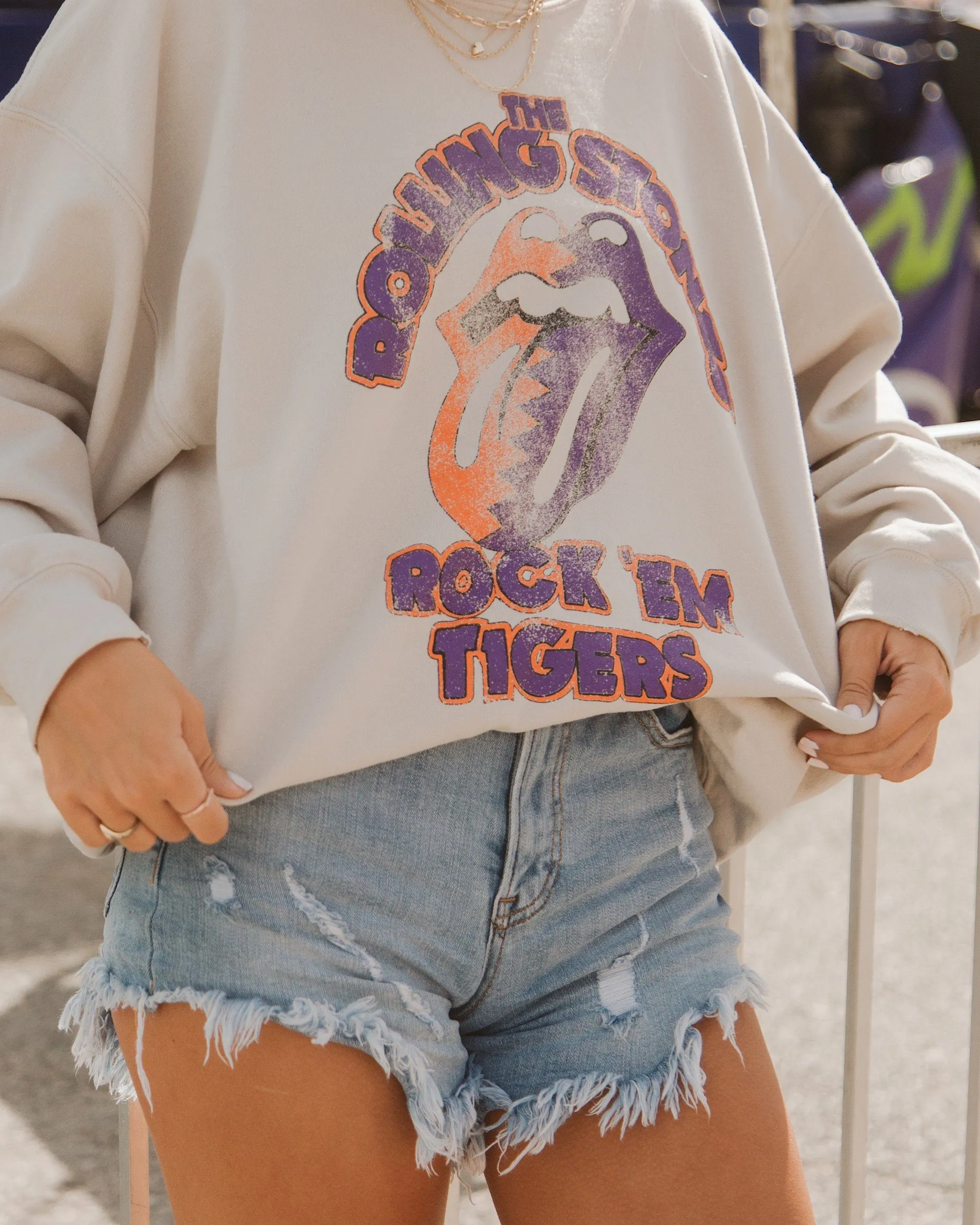 Rolling Stones Rock 'Em Clemson Tigers Sand Thrifted Sweatshirt