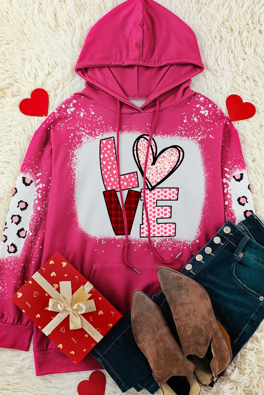 Rose LOVE Leopard Bleached Kangaroo Pocket Hoodie