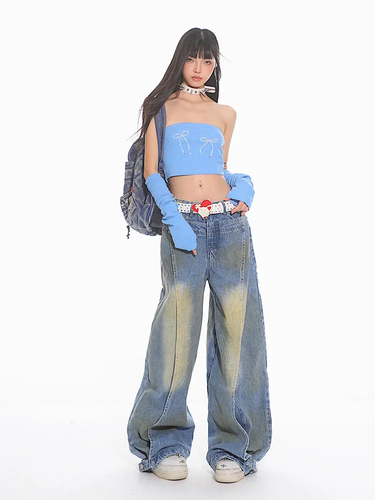 Sand Washed Distressed Deconstructed Denim Jeans