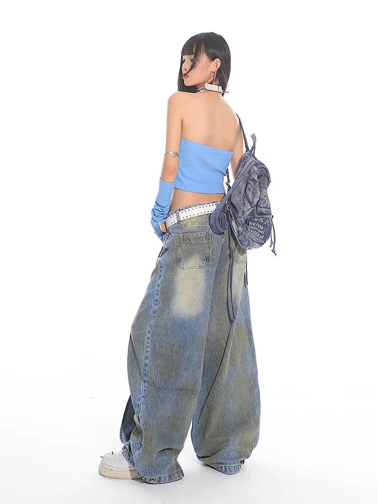 Sand Washed Distressed Deconstructed Denim Jeans