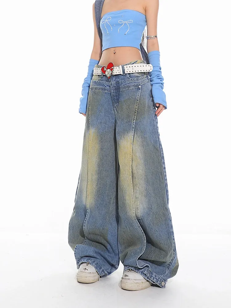 Sand Washed Distressed Deconstructed Denim Jeans