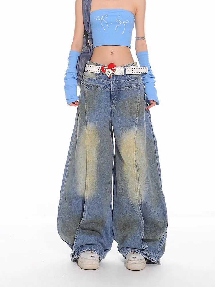 Sand Washed Distressed Deconstructed Denim Jeans