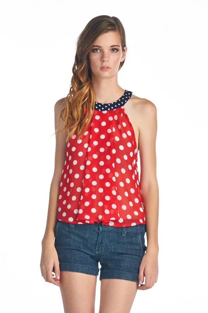 Sleeveless Polka Dot Top  Red White Navy