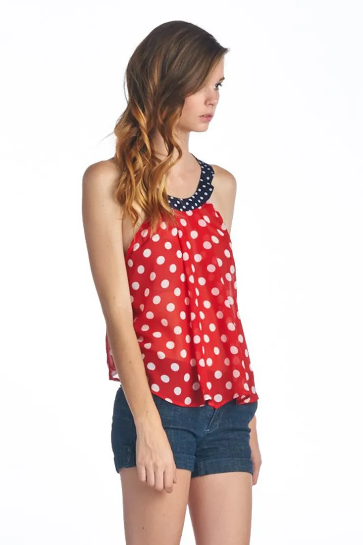 Sleeveless Polka Dot Top  Red White Navy