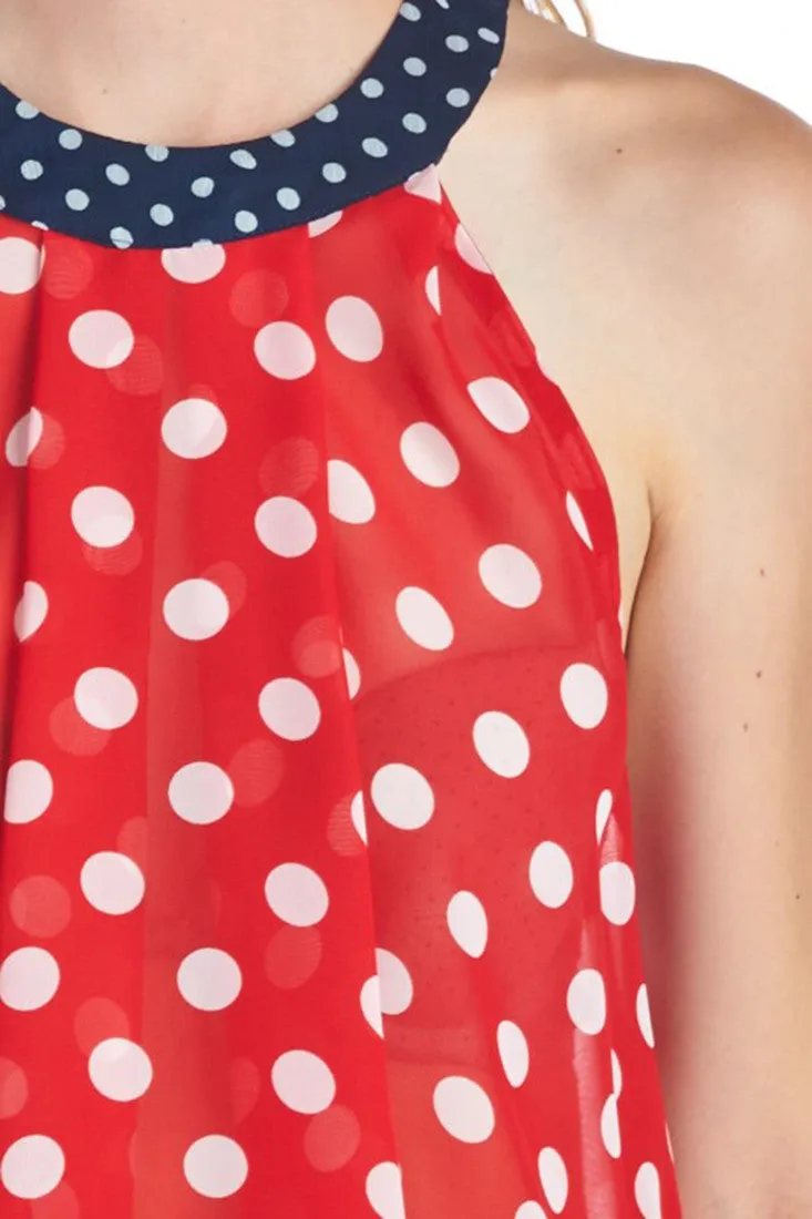 Sleeveless Polka Dot Top  Red White Navy