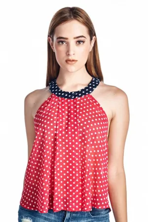 Sleeveless Polka Dot Top  Red White Navy
