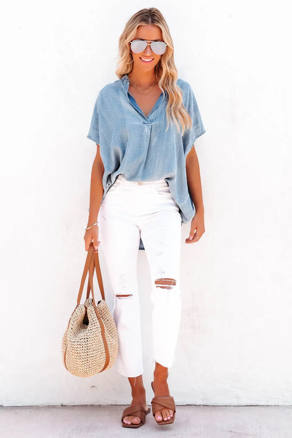 Split V Neck Oversized Denim Blouse