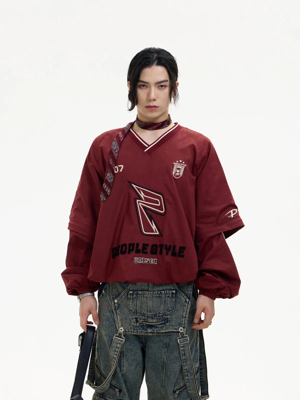 sports style V-neck red sweater
