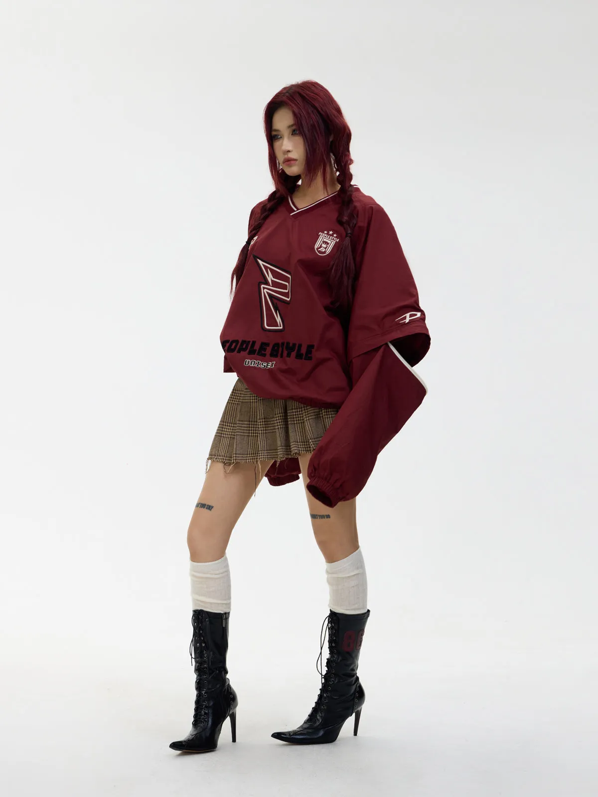 sports style V-neck red sweater