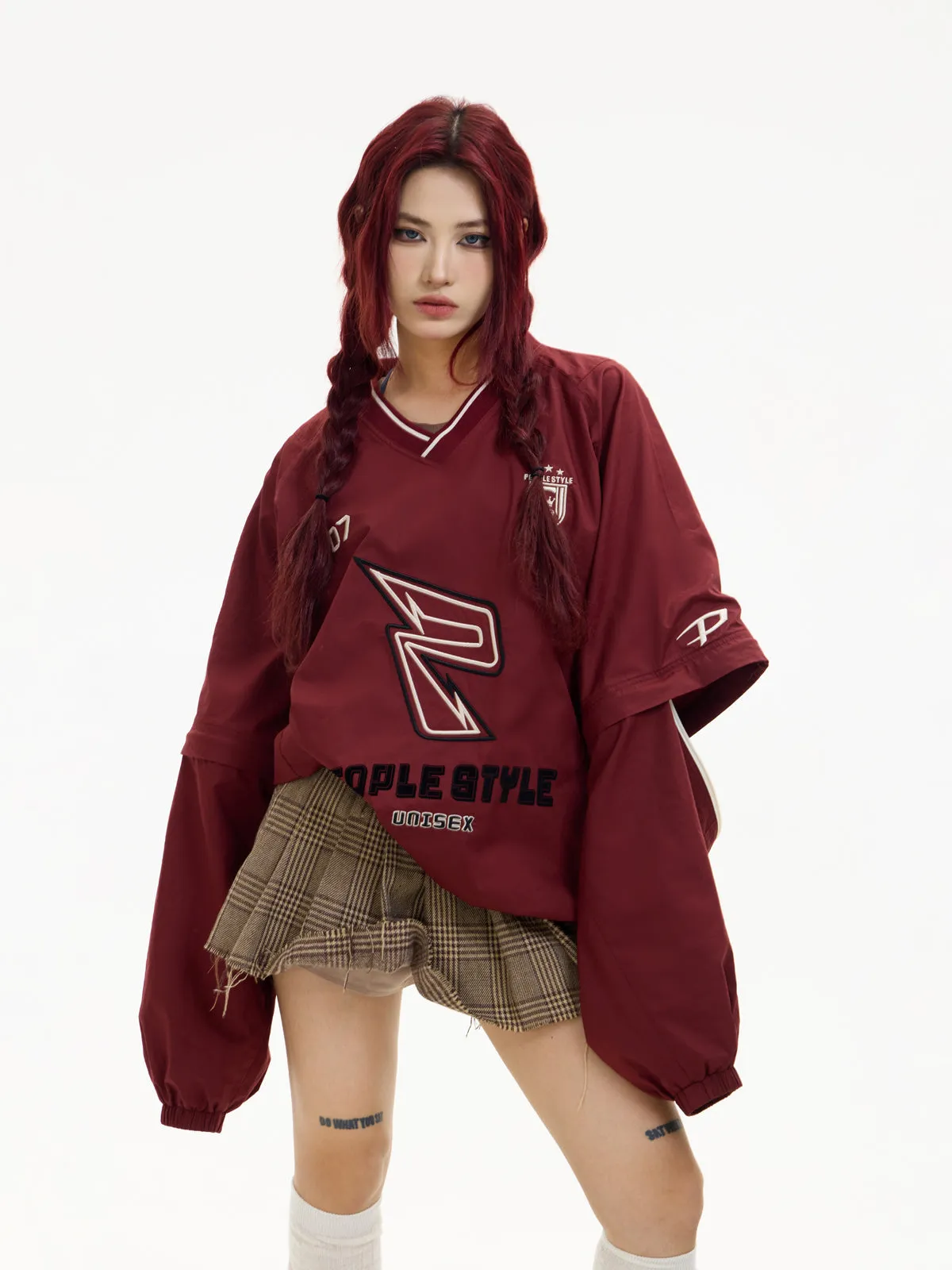 sports style V-neck red sweater