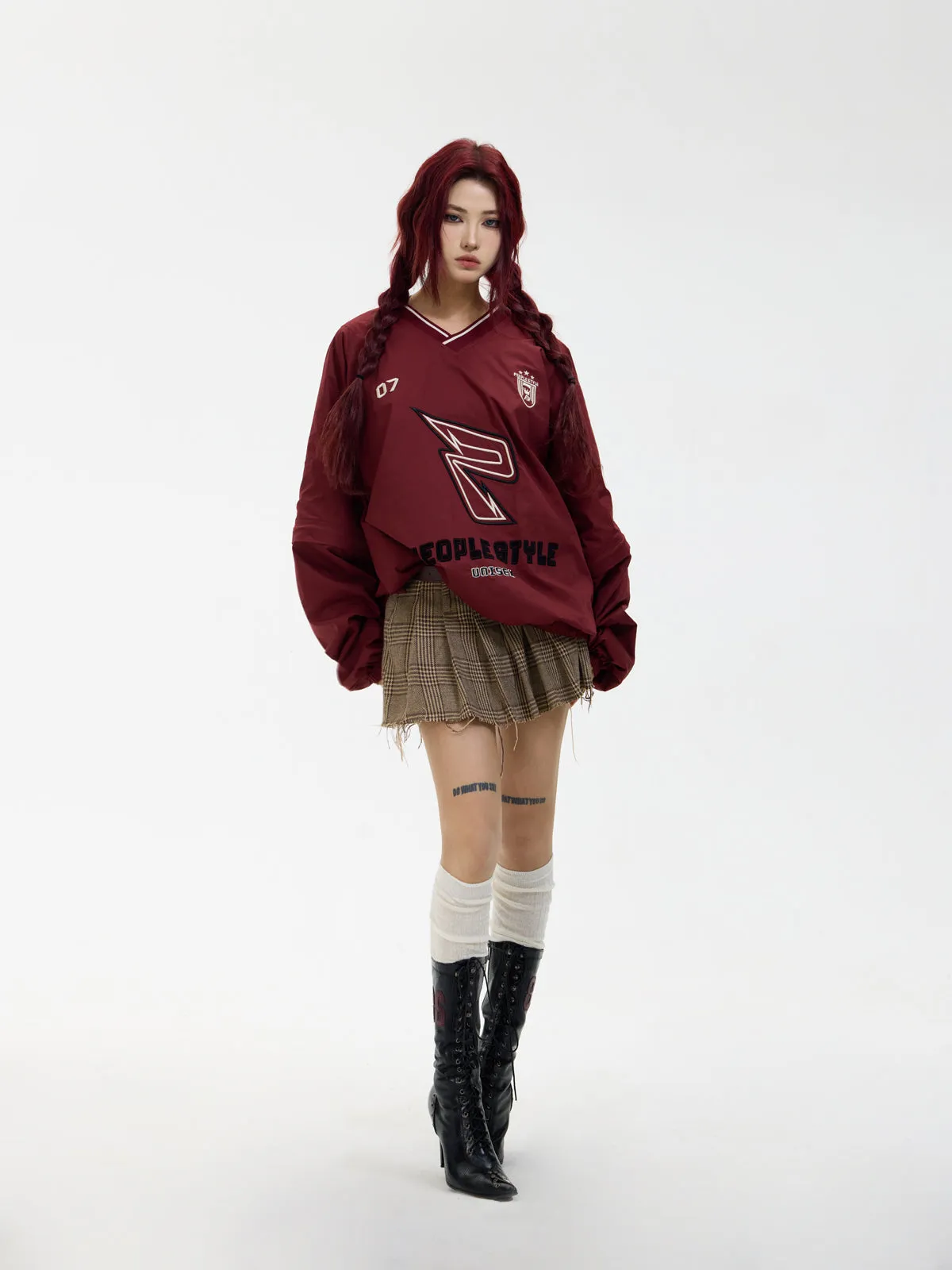 sports style V-neck red sweater