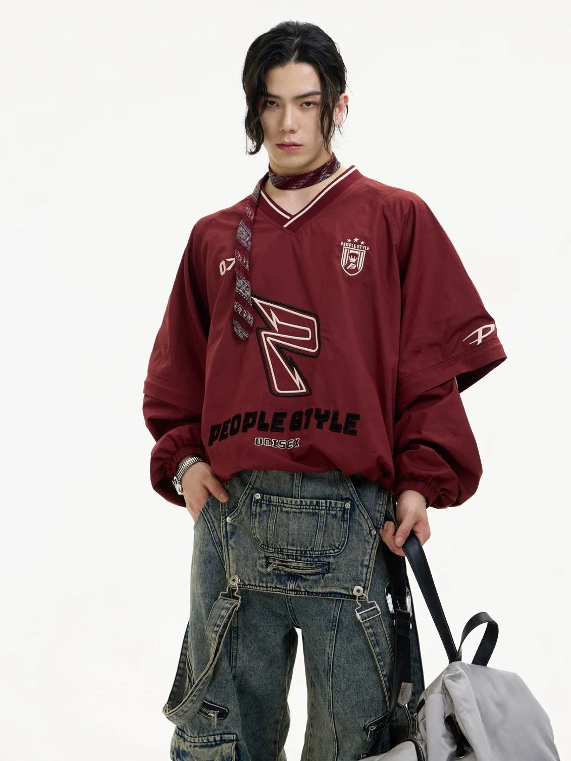 sports style V-neck red sweater