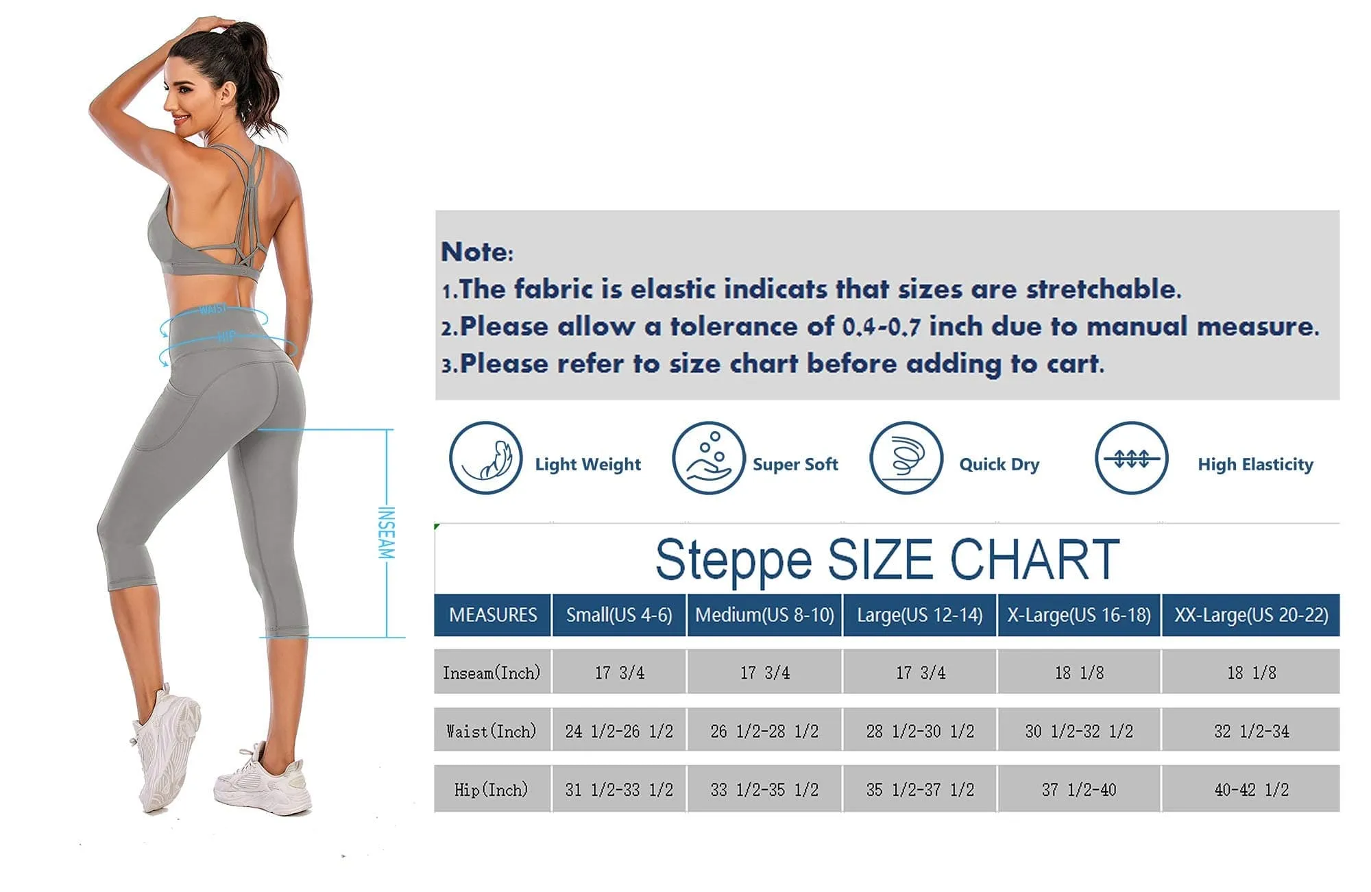 Steppe Naked Feeling High Waisted Yoga Pants Women's Workout Capris Leggings with Pockets Tummy Control Buttery Soft Running Compression Capris for Athletic Gym Exercise Fitness Grey