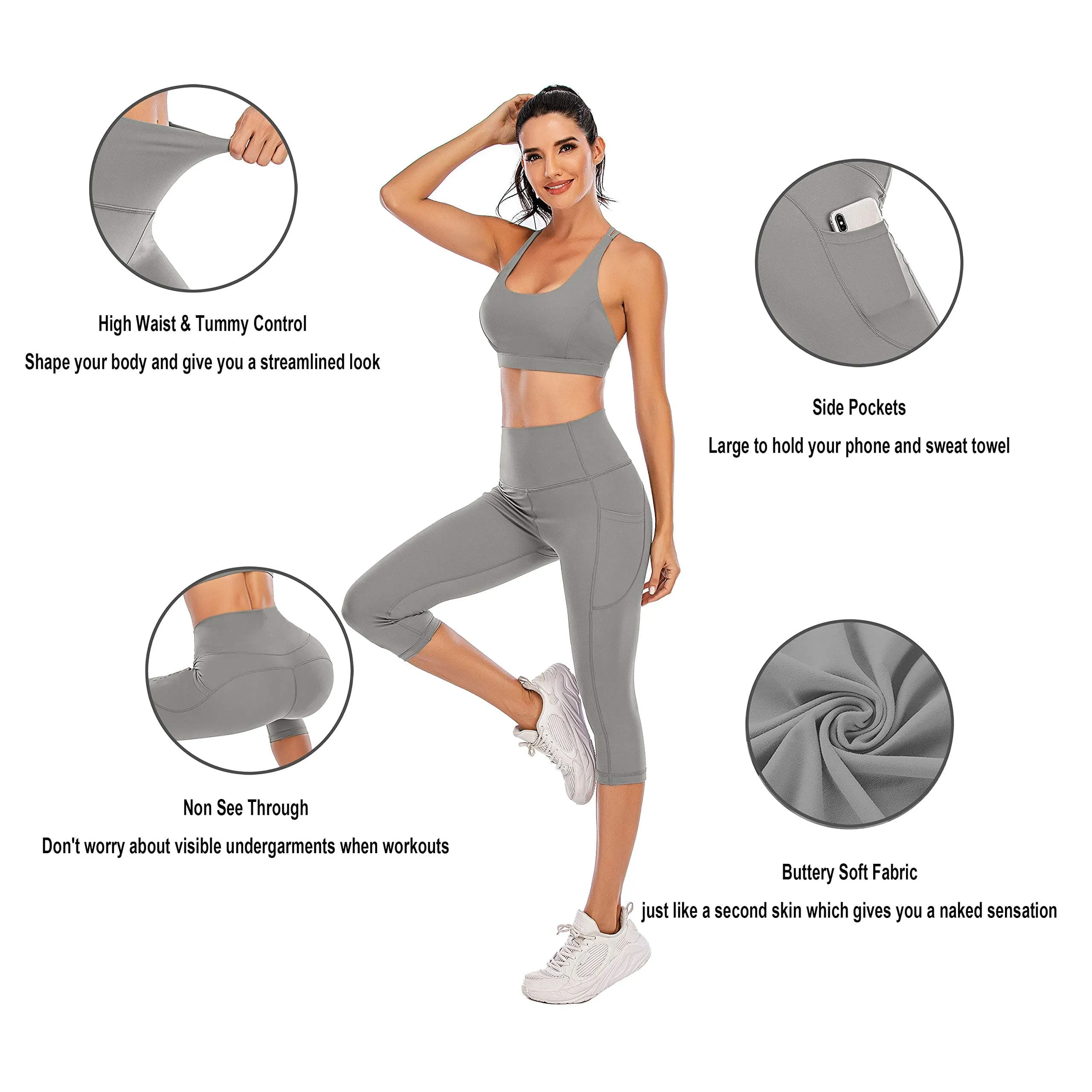 Steppe Naked Feeling High Waisted Yoga Pants Women's Workout Capris Leggings with Pockets Tummy Control Buttery Soft Running Compression Capris for Athletic Gym Exercise Fitness Grey