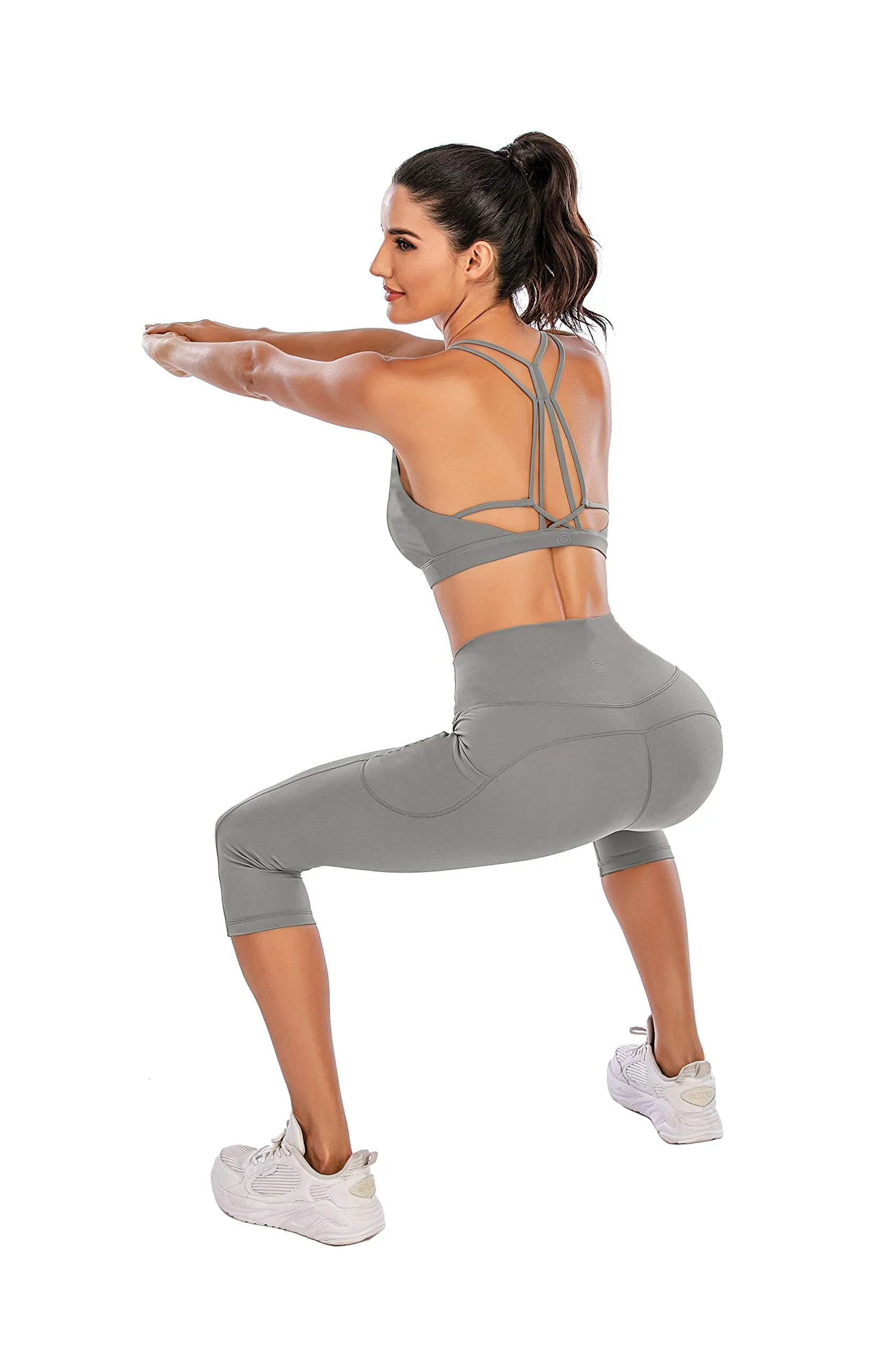 Steppe Naked Feeling High Waisted Yoga Pants Women's Workout Capris Leggings with Pockets Tummy Control Buttery Soft Running Compression Capris for Athletic Gym Exercise Fitness Grey