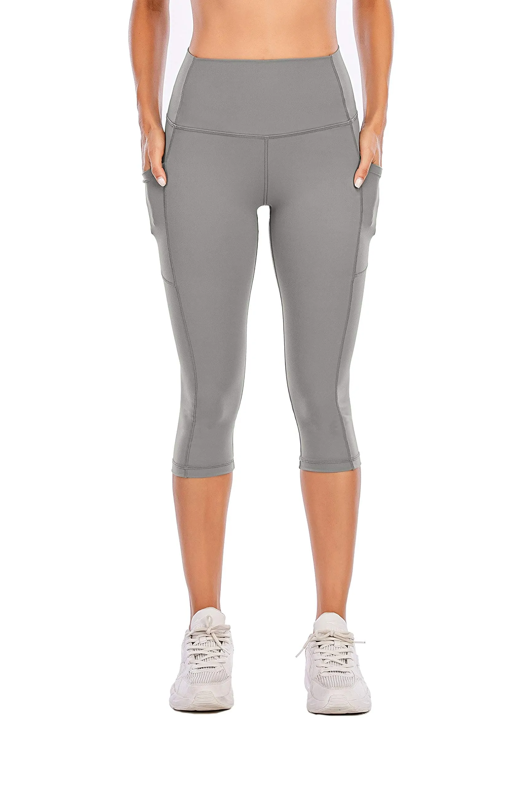 Steppe Naked Feeling High Waisted Yoga Pants Women's Workout Capris Leggings with Pockets Tummy Control Buttery Soft Running Compression Capris for Athletic Gym Exercise Fitness Grey