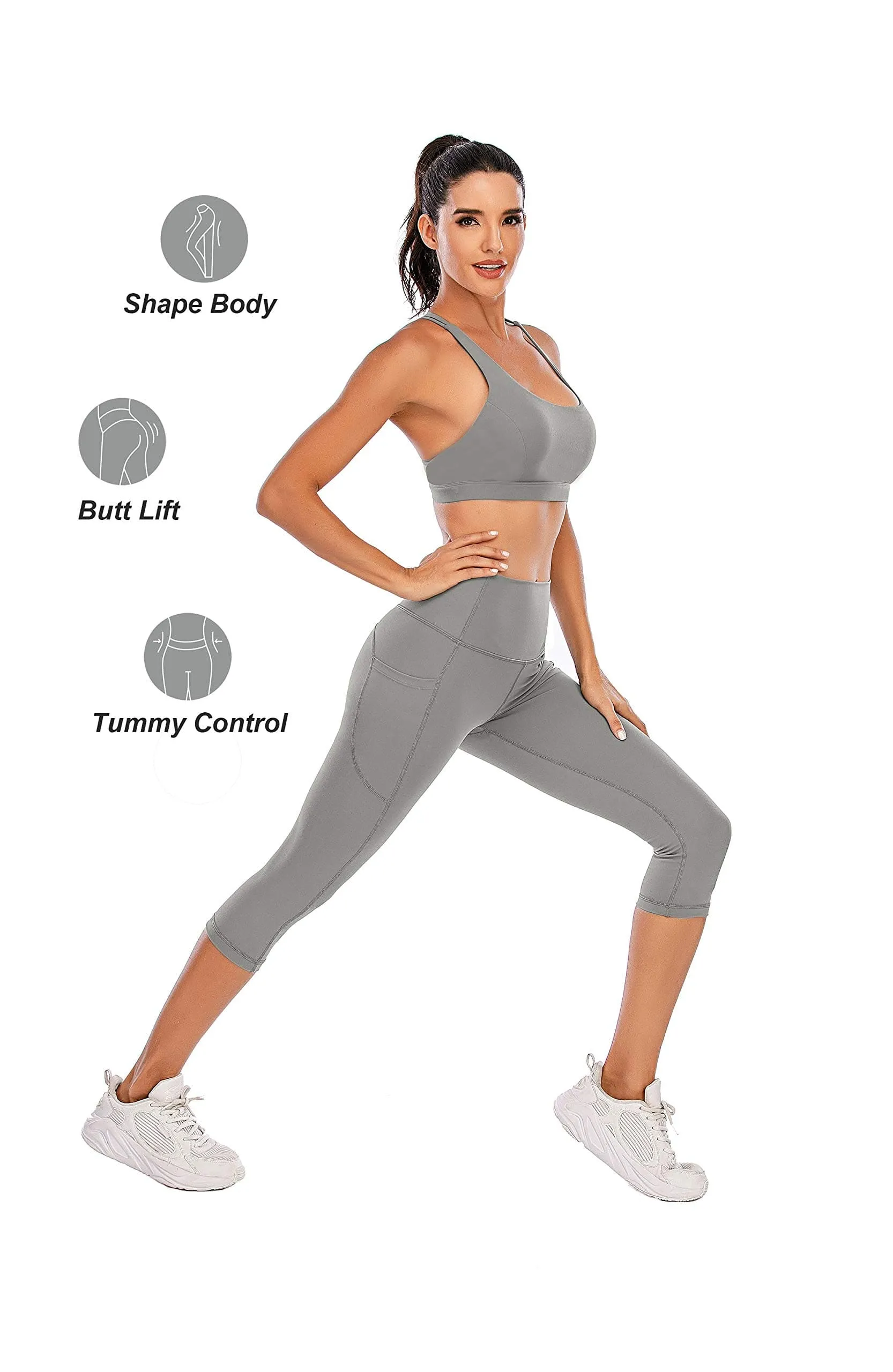 Steppe Naked Feeling High Waisted Yoga Pants Women's Workout Capris Leggings with Pockets Tummy Control Buttery Soft Running Compression Capris for Athletic Gym Exercise Fitness Grey