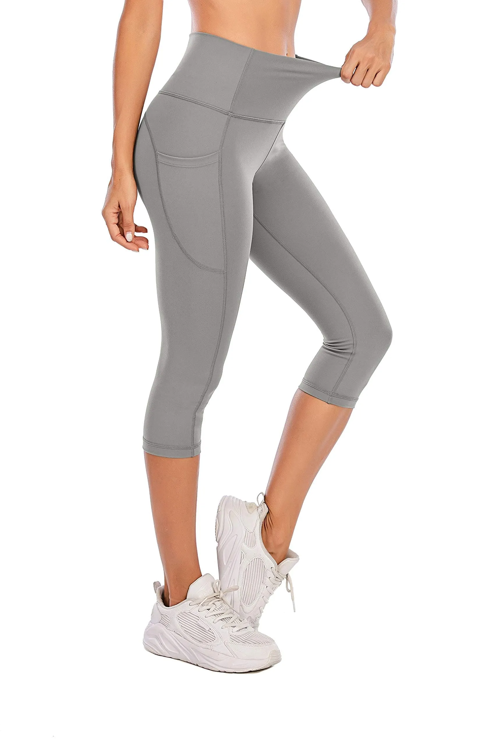 Steppe Naked Feeling High Waisted Yoga Pants Women's Workout Capris Leggings with Pockets Tummy Control Buttery Soft Running Compression Capris for Athletic Gym Exercise Fitness Grey