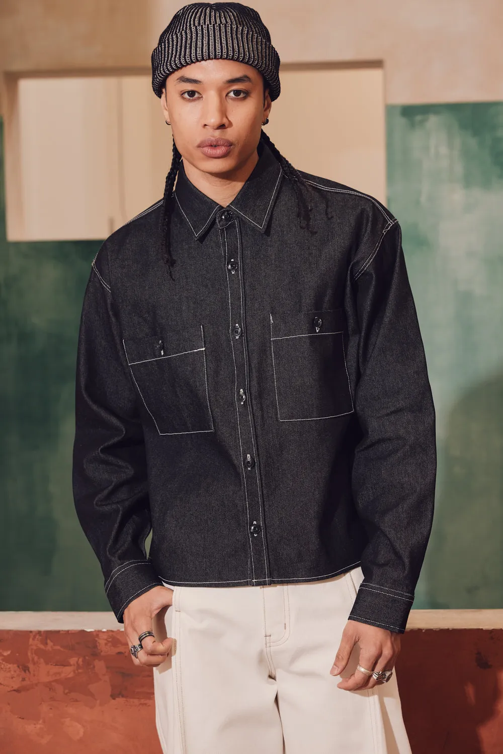 Stitched Denim Crop Shirt-Jacket