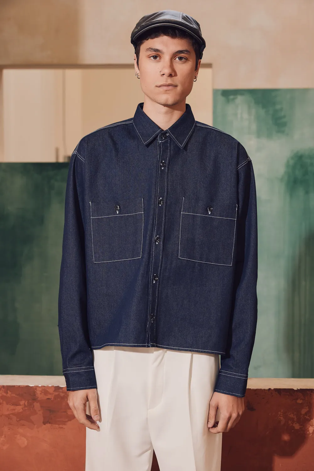 Stitched Denim Crop Shirt-Jacket