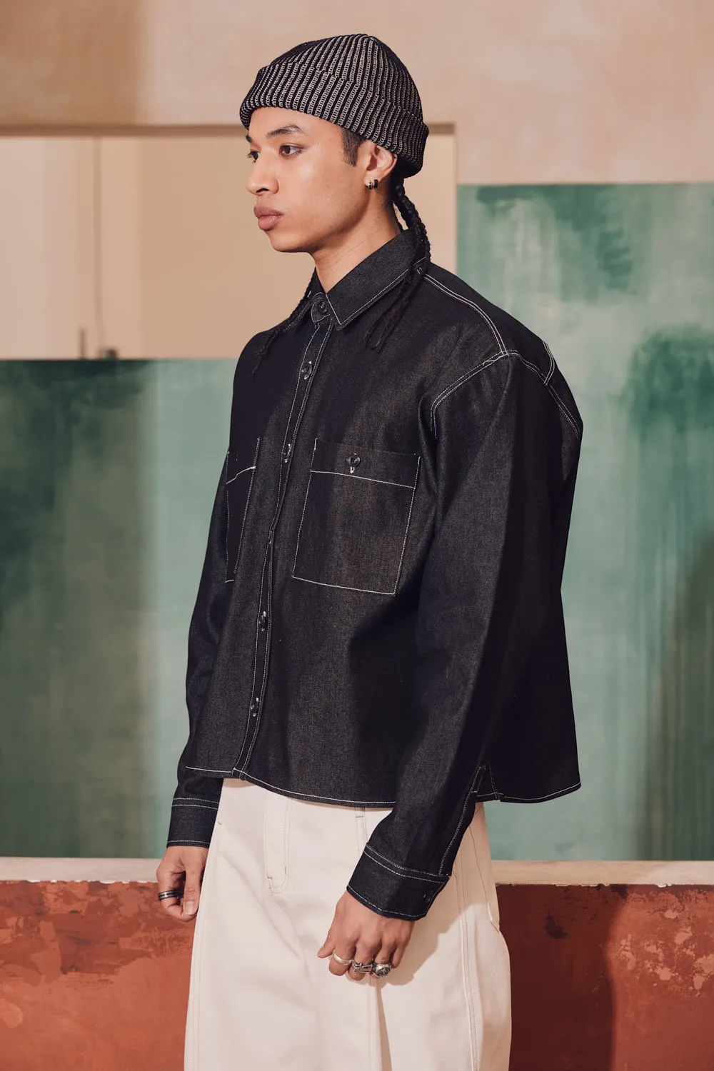 Stitched Denim Crop Shirt-Jacket