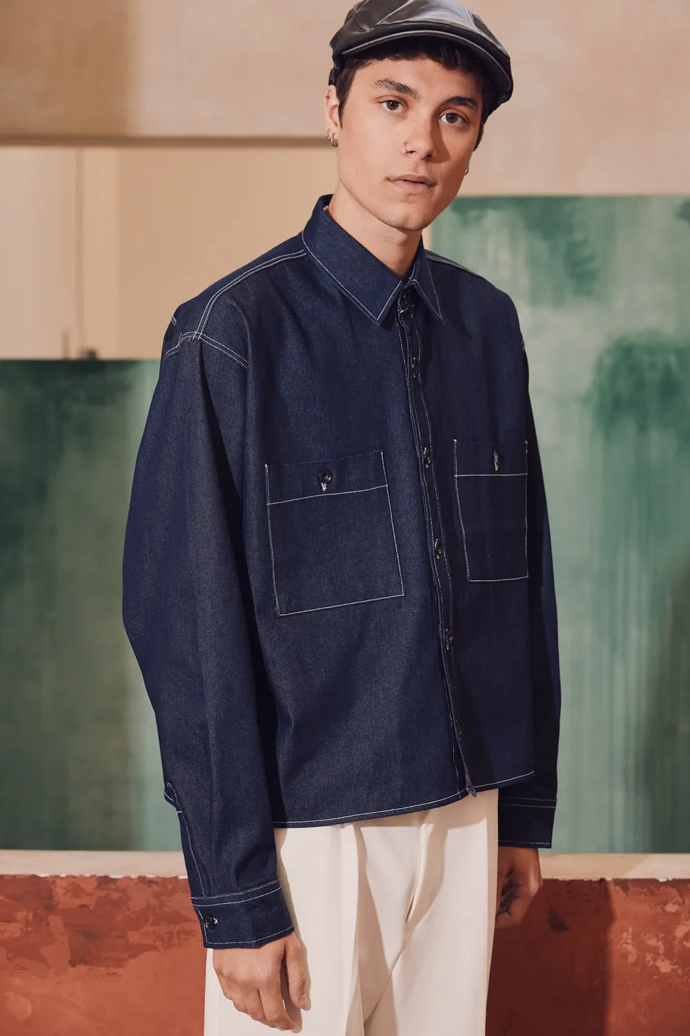 Stitched Denim Crop Shirt-Jacket