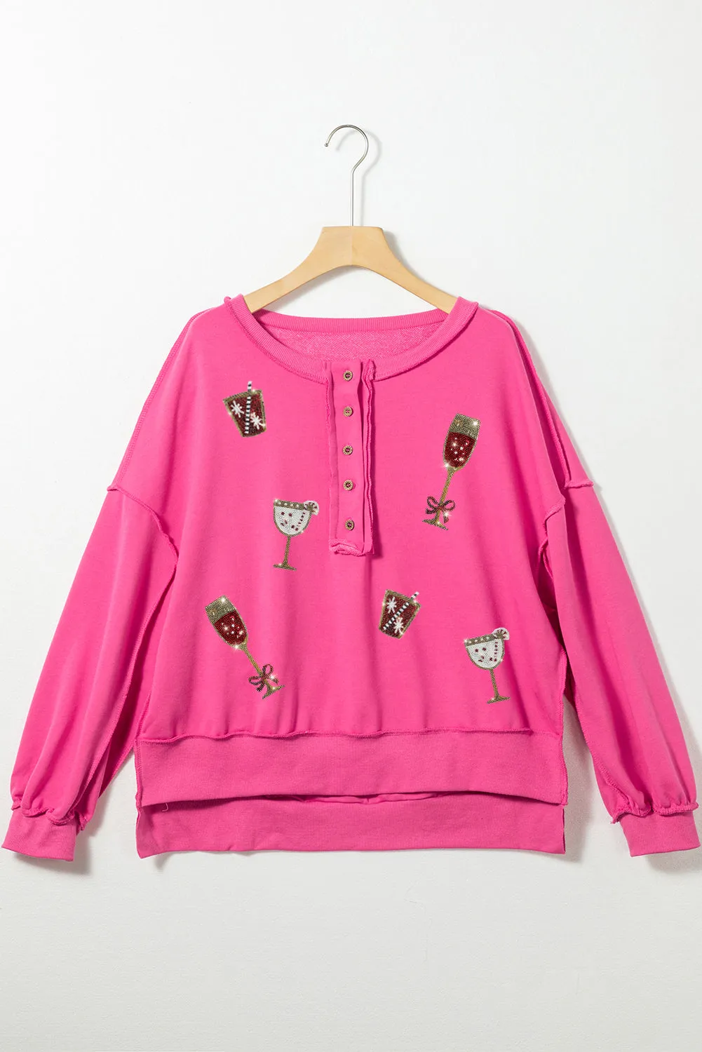 Strawberry Pink Shiny Drinks Graphic Half Button Valentine Sweatshirt