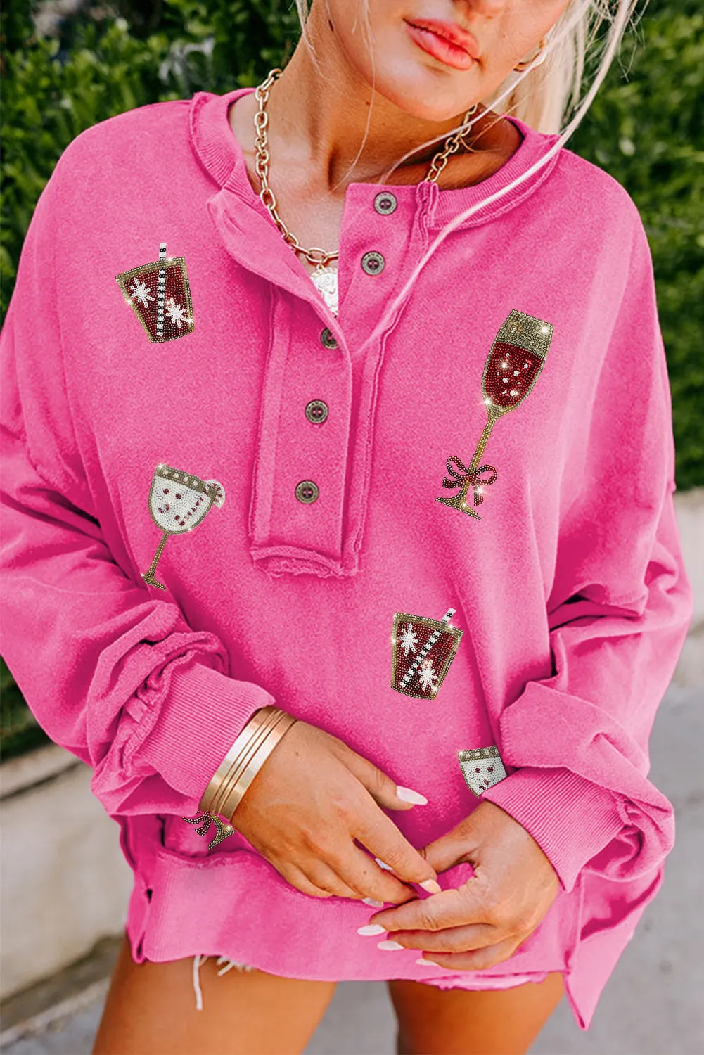 Strawberry Pink Shiny Drinks Graphic Half Button Valentine Sweatshirt