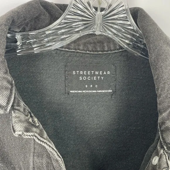 Streetwear Society Charcoal Black Denim Jacket Oversized Small Distressed Grunge