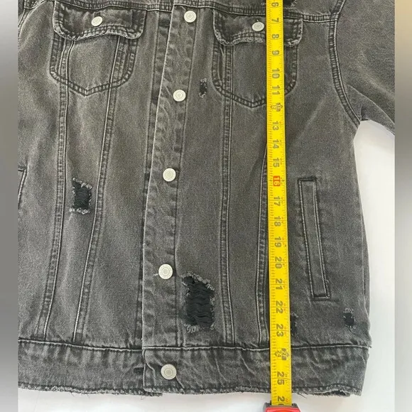 Streetwear Society Charcoal Black Denim Jacket Oversized Small Distressed Grunge