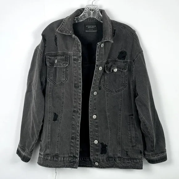 Streetwear Society Charcoal Black Denim Jacket Oversized Small Distressed Grunge