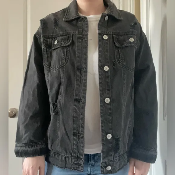 Streetwear Society Charcoal Black Denim Jacket Oversized Small Distressed Grunge