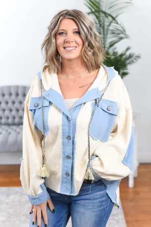 Suzanne Waffle Knit Denim Contrast Shacket