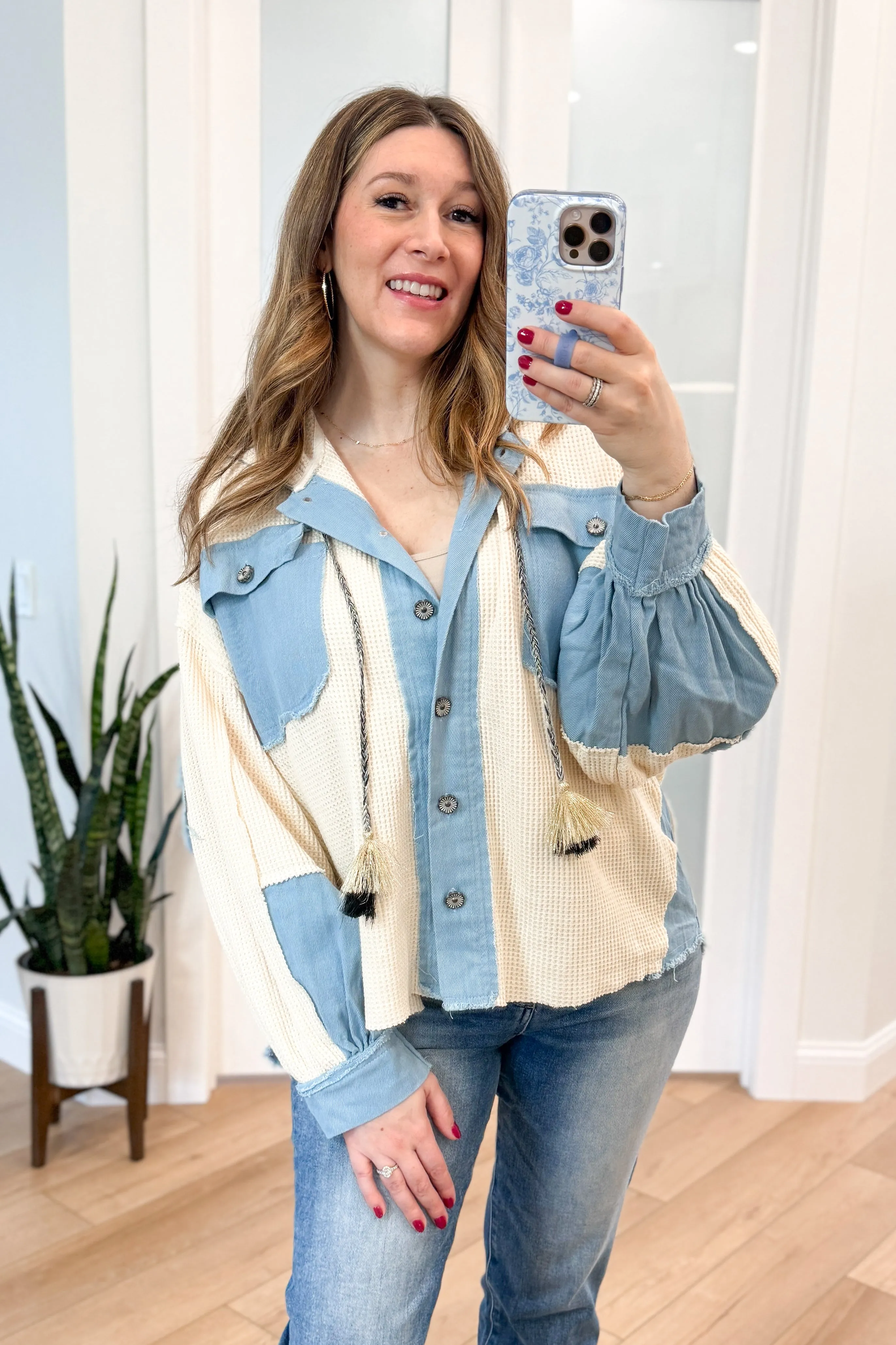 Suzanne Waffle Knit Denim Contrast Shacket
