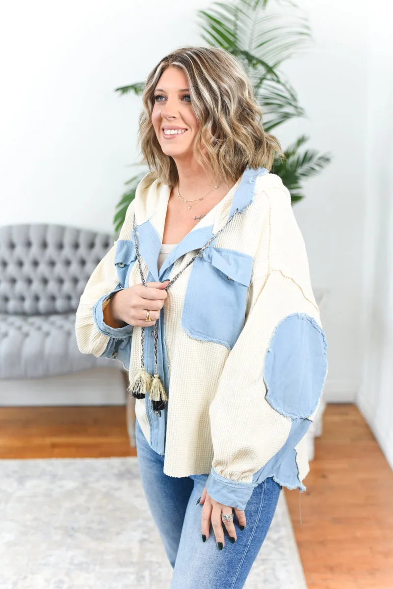 Suzanne Waffle Knit Denim Contrast Shacket