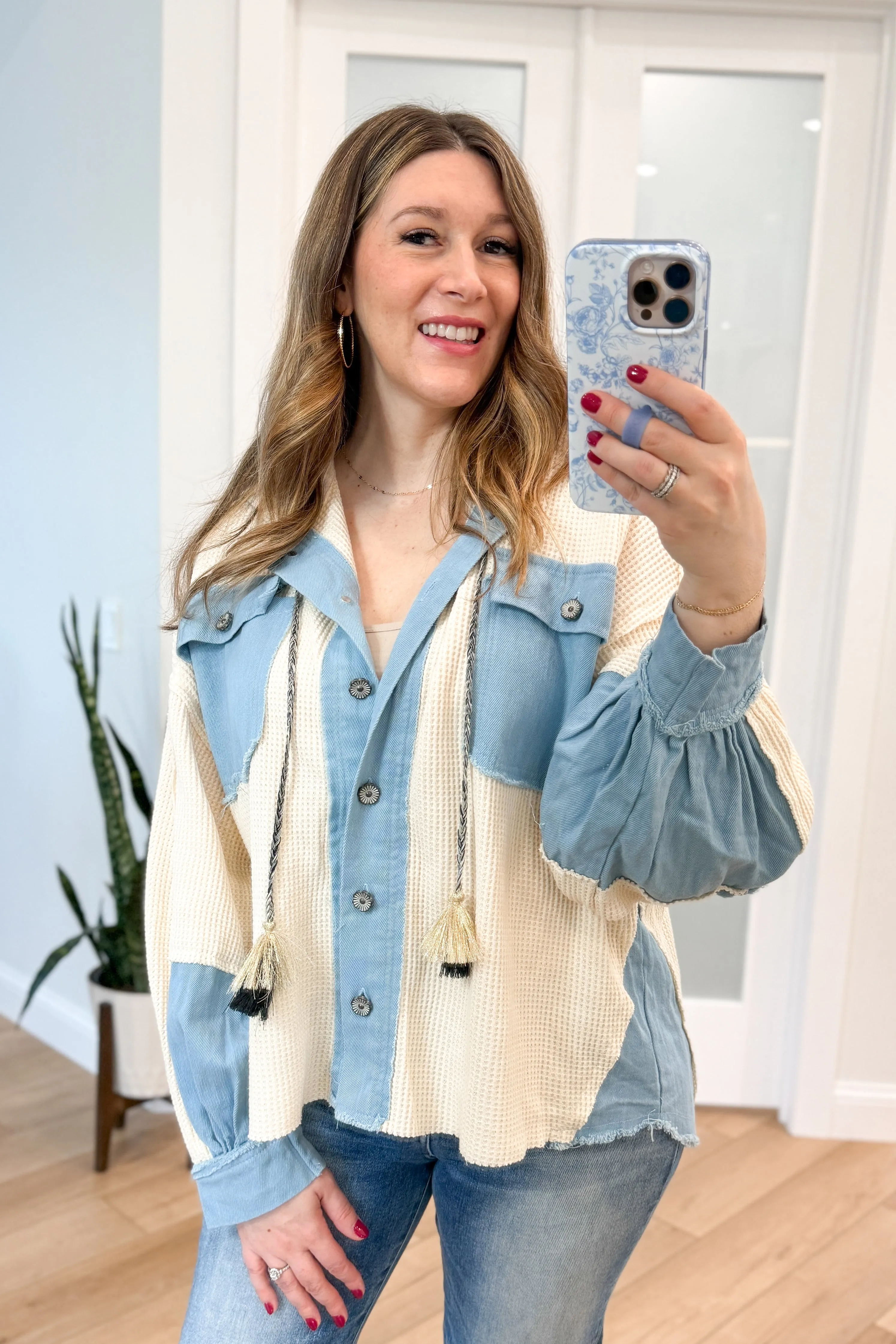 Suzanne Waffle Knit Denim Contrast Shacket