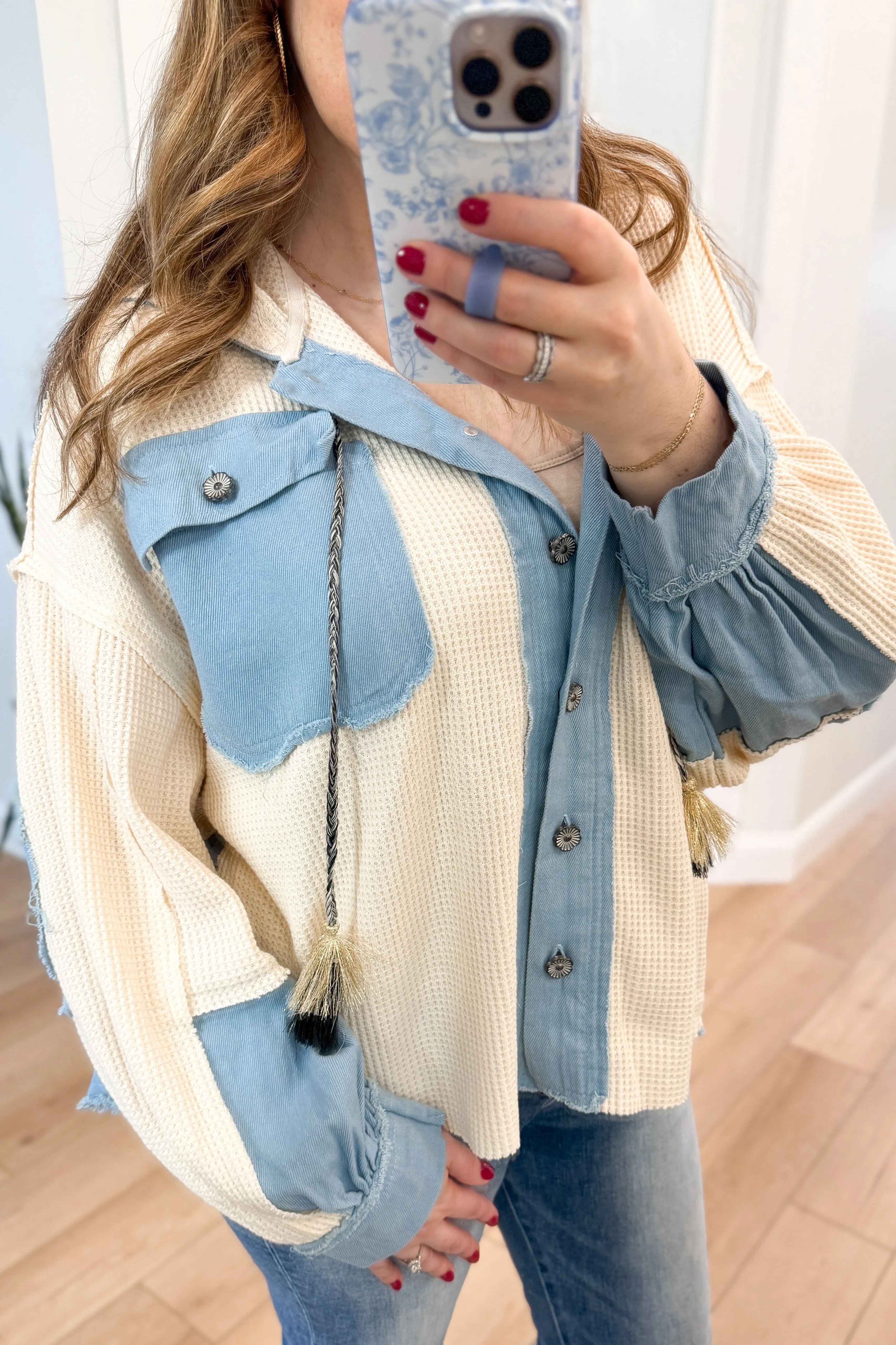 Suzanne Waffle Knit Denim Contrast Shacket