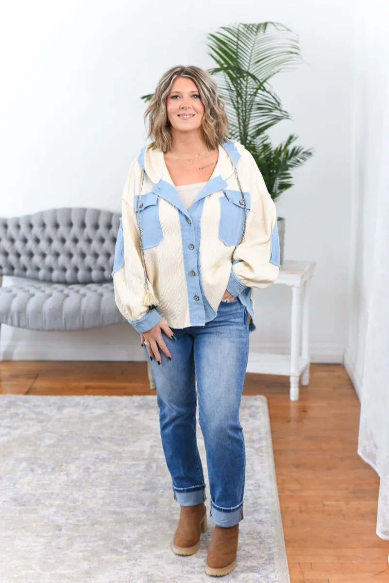 Suzanne Waffle Knit Denim Contrast Shacket