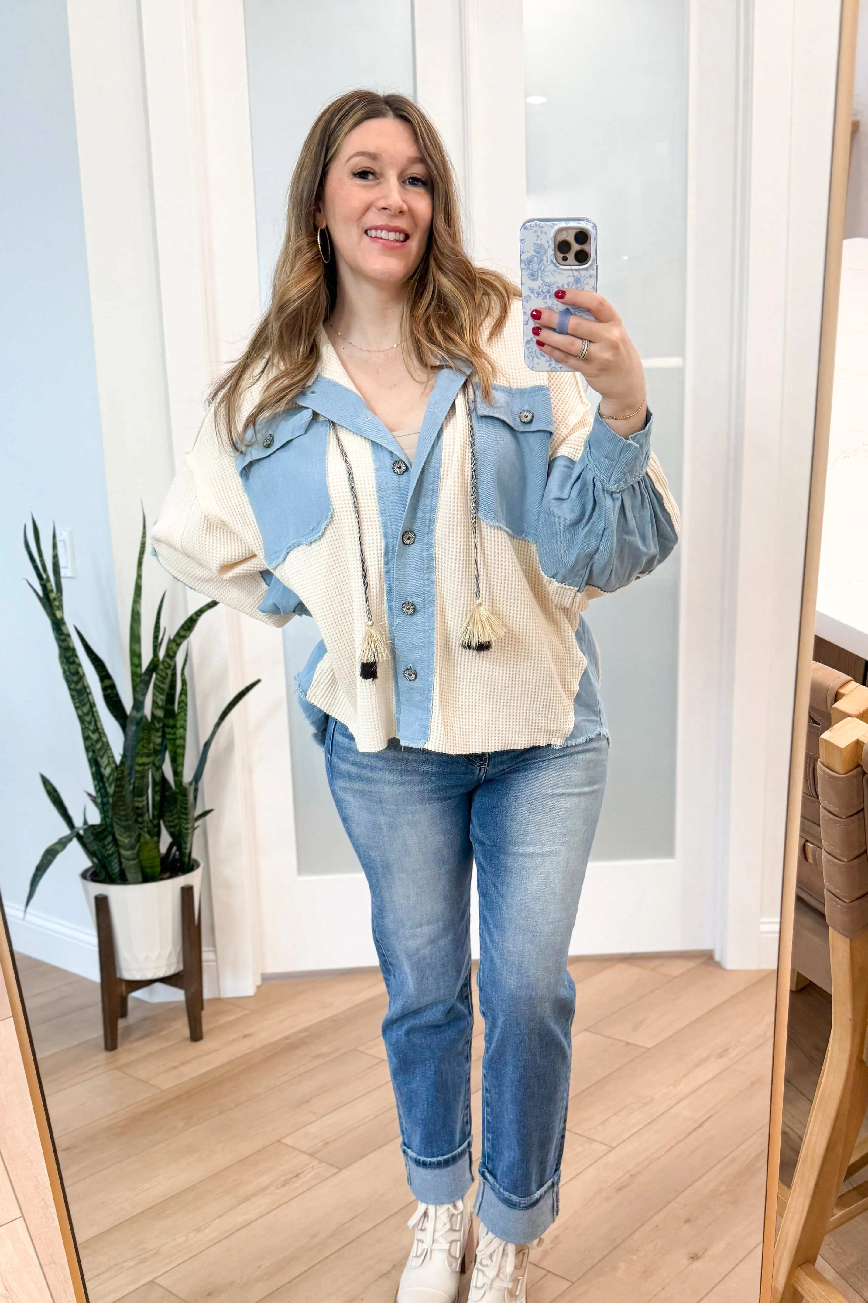 Suzanne Waffle Knit Denim Contrast Shacket