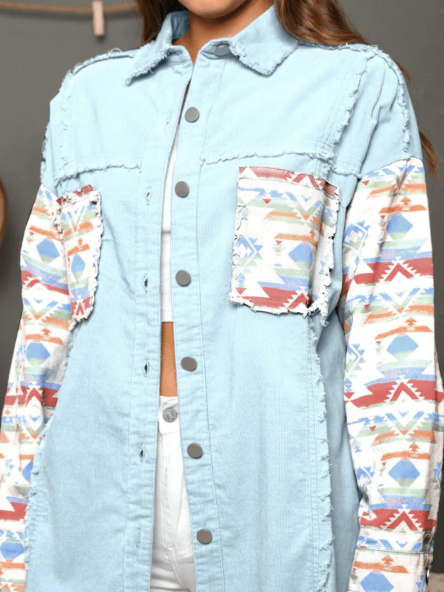 Sydell Oversized Aztec Patchwork Denim Jacket - Blue