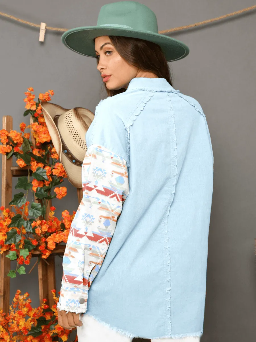 Sydell Oversized Aztec Patchwork Denim Jacket - Blue