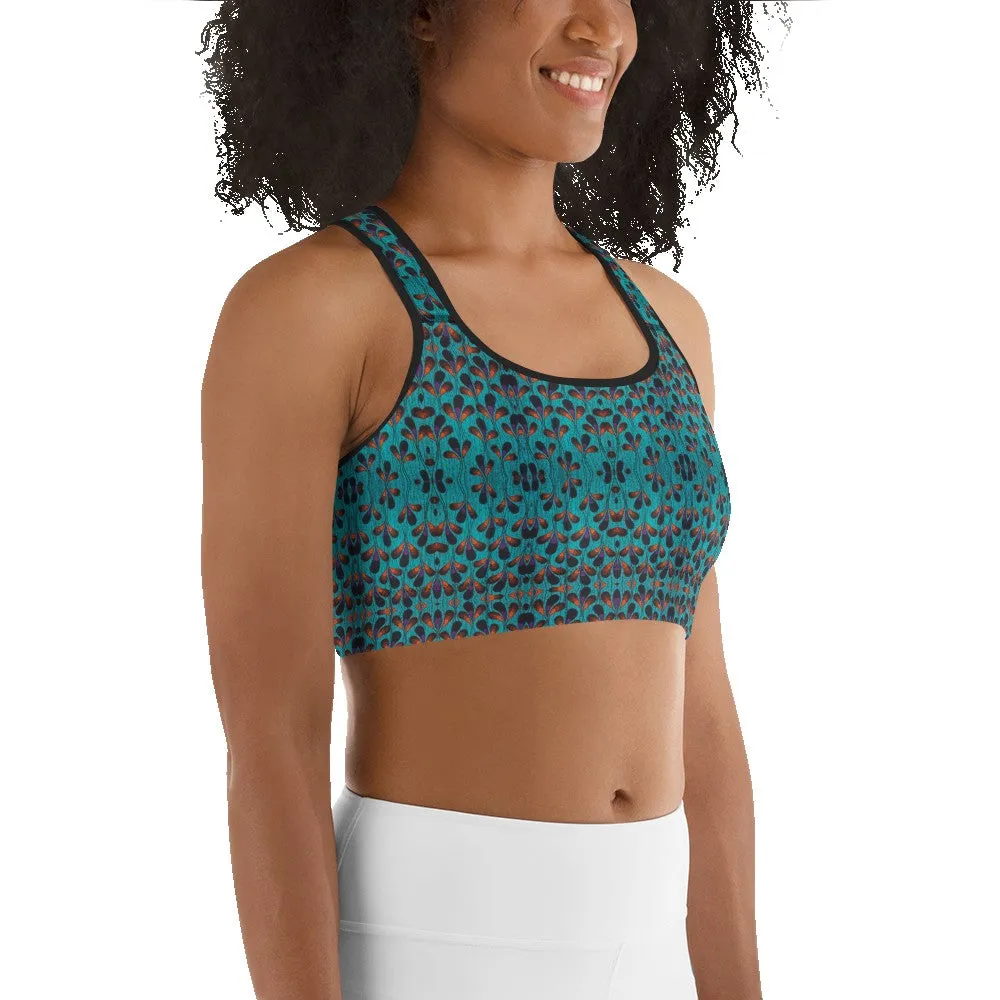 Teal Black Feather African Print Sports bra