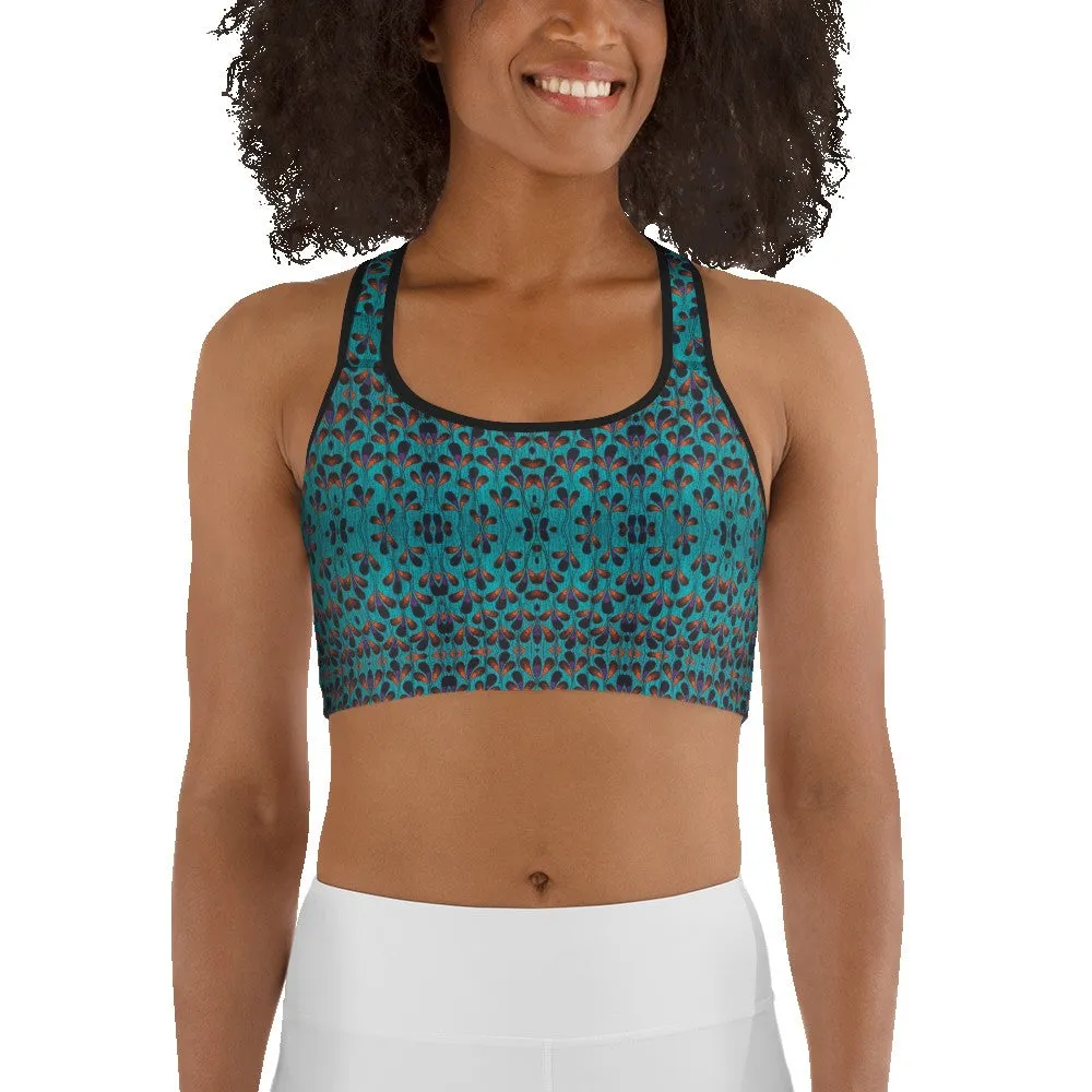 Teal Black Feather African Print Sports bra