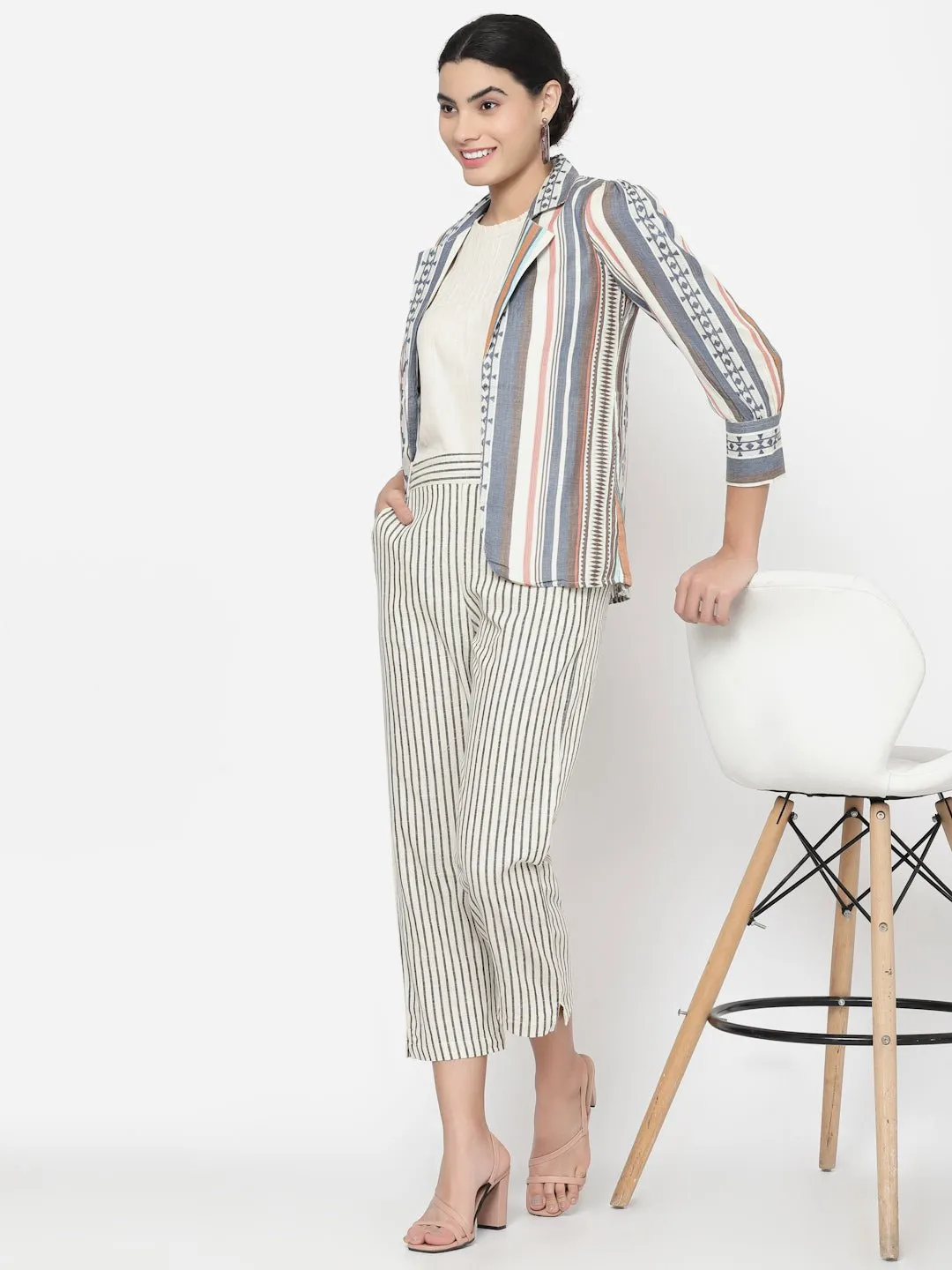 Three Piece Co-ord Set with Top, Striped Pants and Cotton Blazer