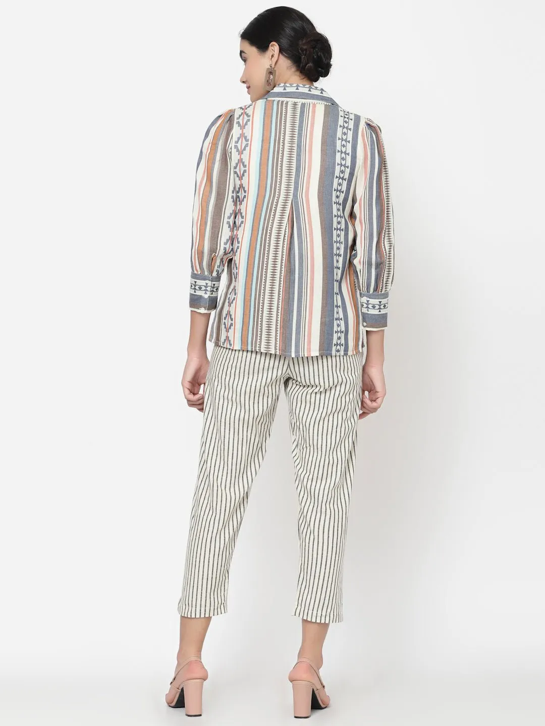 Three Piece Co-ord Set with Top, Striped Pants and Cotton Blazer