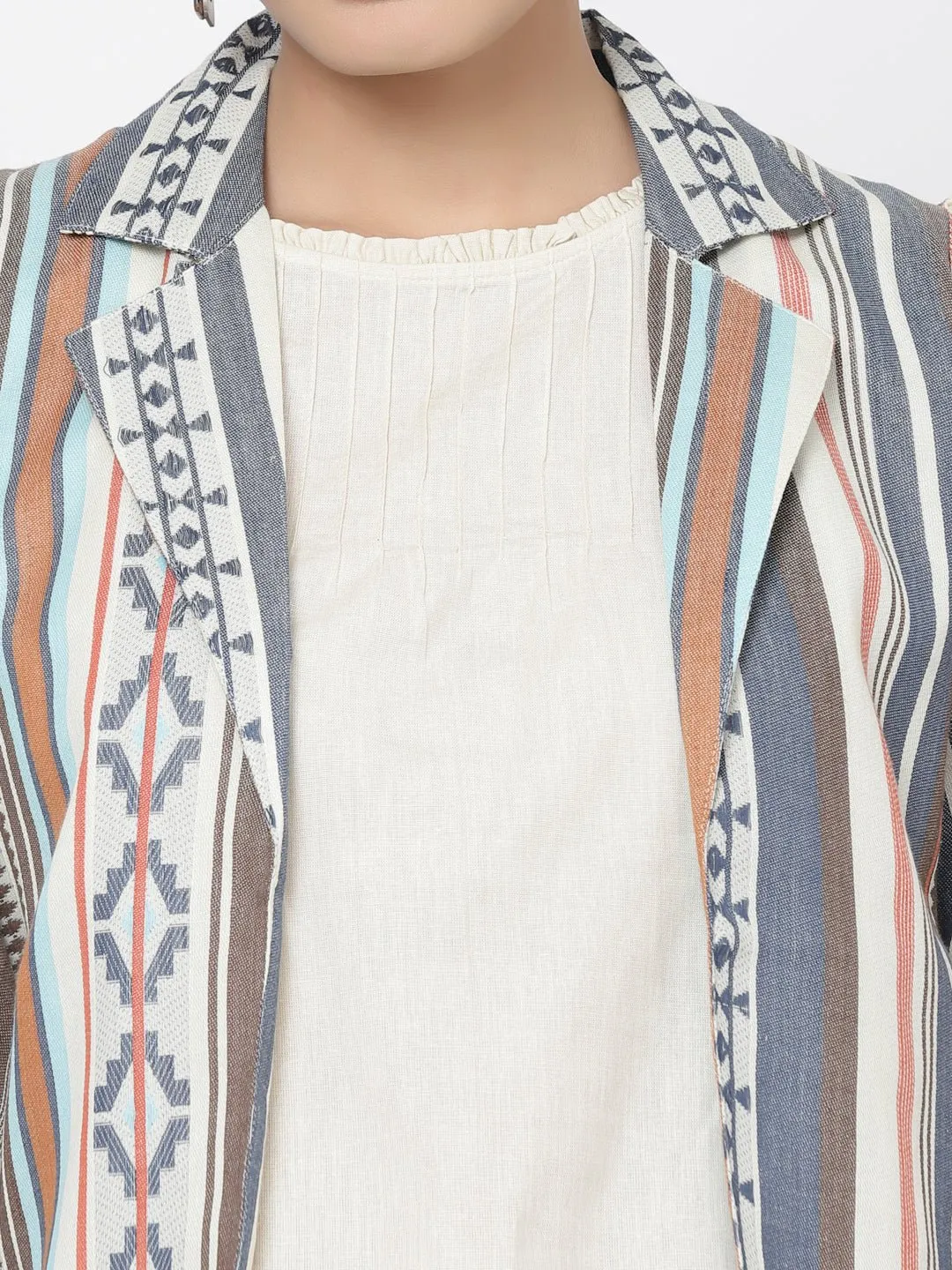 Three Piece Co-ord Set with Top, Striped Pants and Cotton Blazer